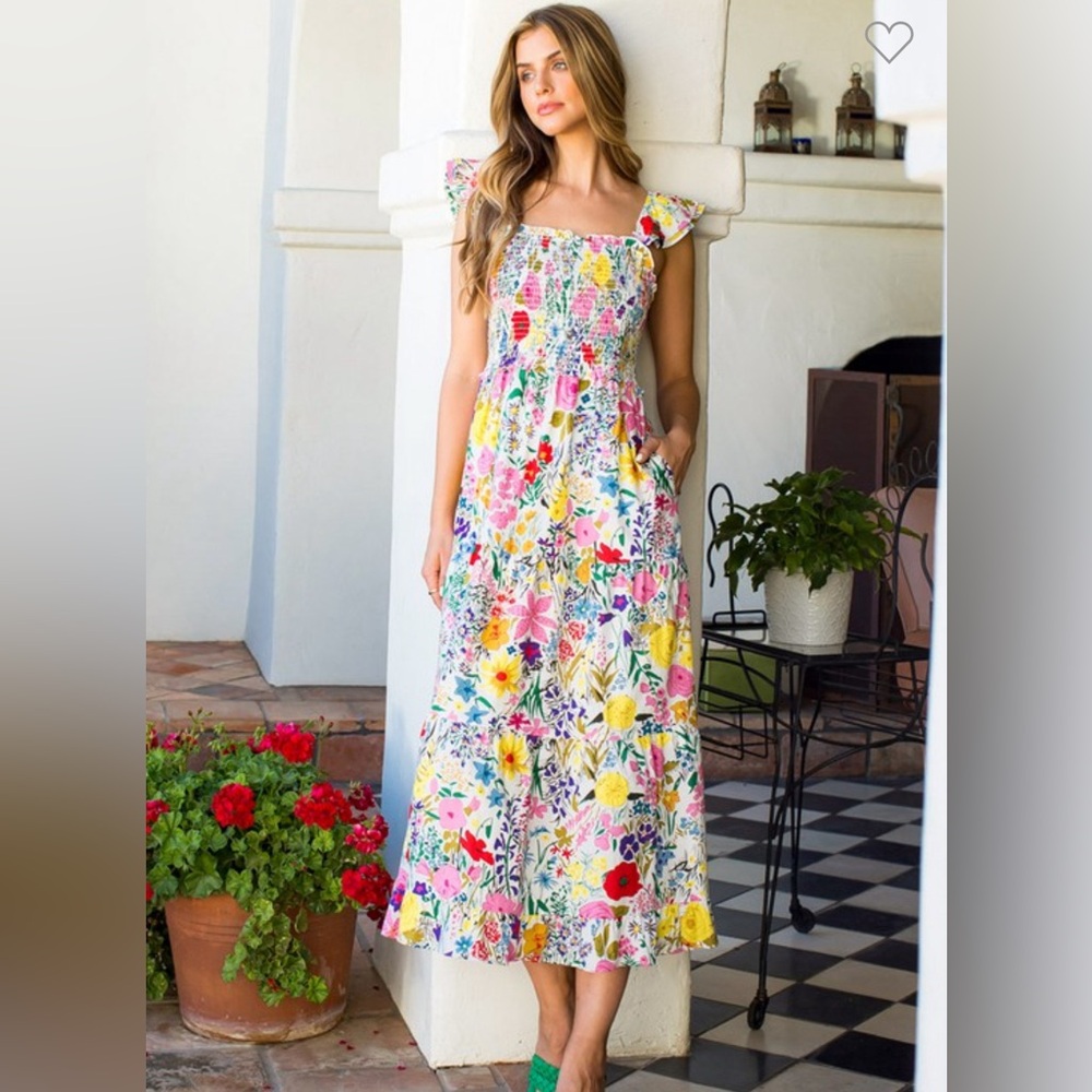 THML Anthropologie Colorful Smocked Floral Maxi Midi Dress - Picture 1 of 4